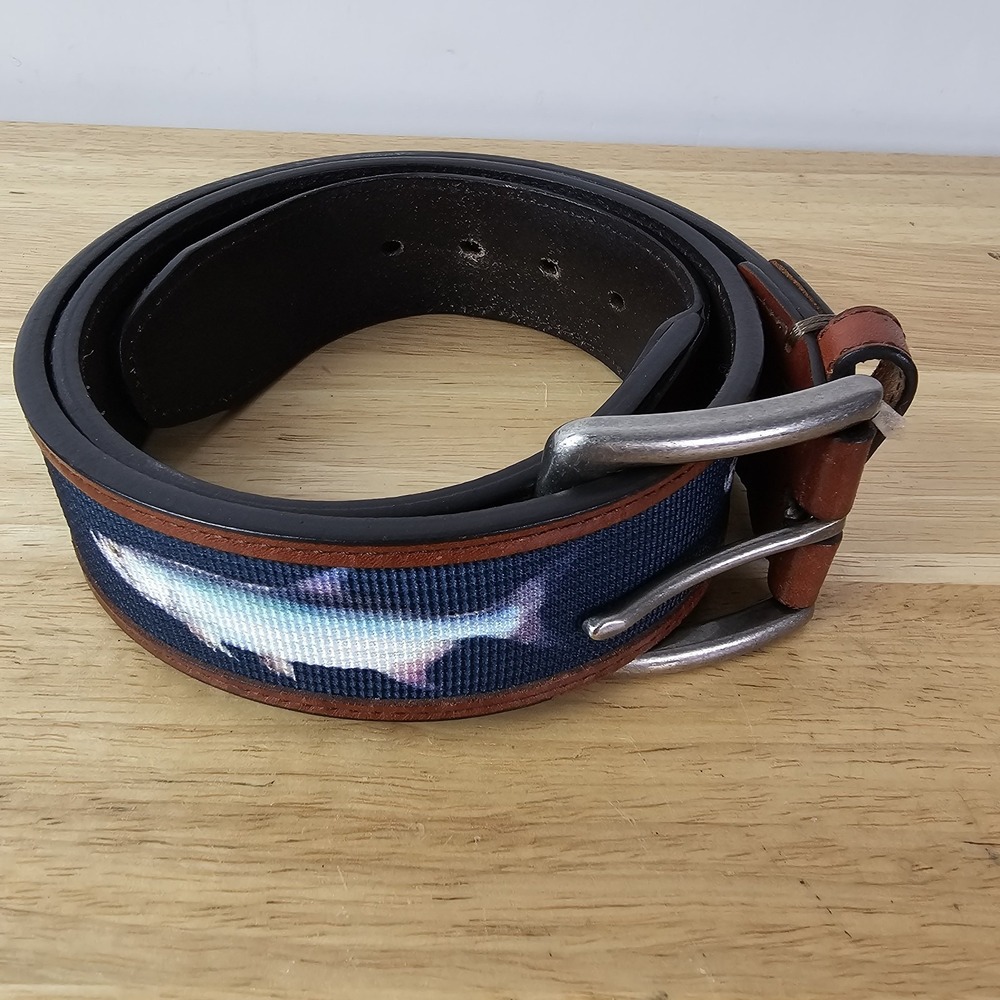 CDG‎ Cavaliere Di Gran Mens 36 Belt Blue Brown Needlepoint Sport Fish Preppy